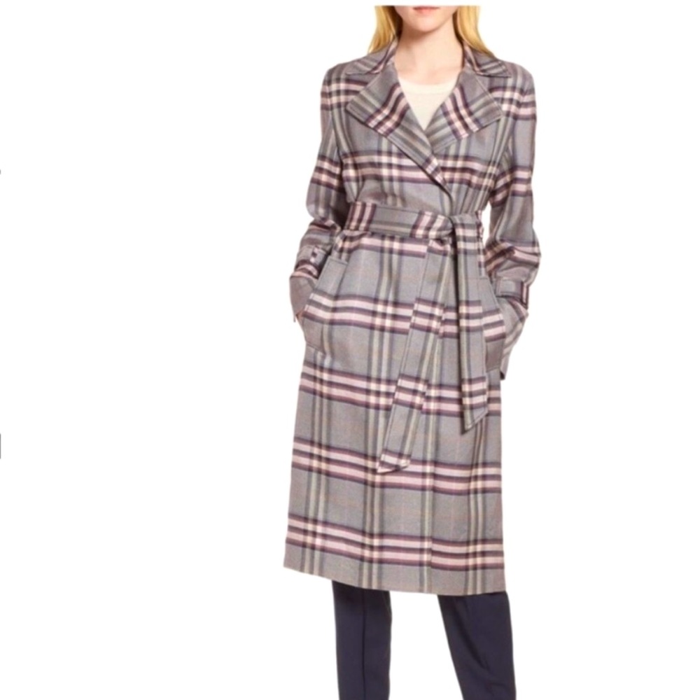 LEWIT BOLD Multi-Plaid Belted Lightweight Trench-Coat Long Duster NavyNight SzL